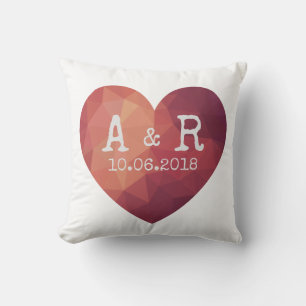 Modern red heart couple monograms and date cushion