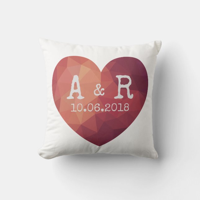 Modern red heart couple monograms and date cushion (Front)