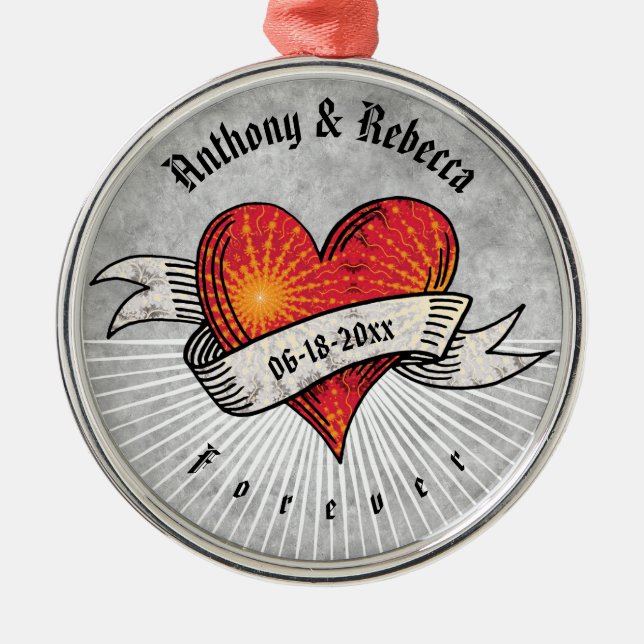 Modern Red Heart Couple Names Valentine's Day Metal Tree Decoration (Front)