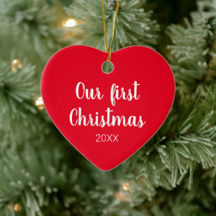 Modern red heart custom photo text First Christmas Ceramic Tree Decoration