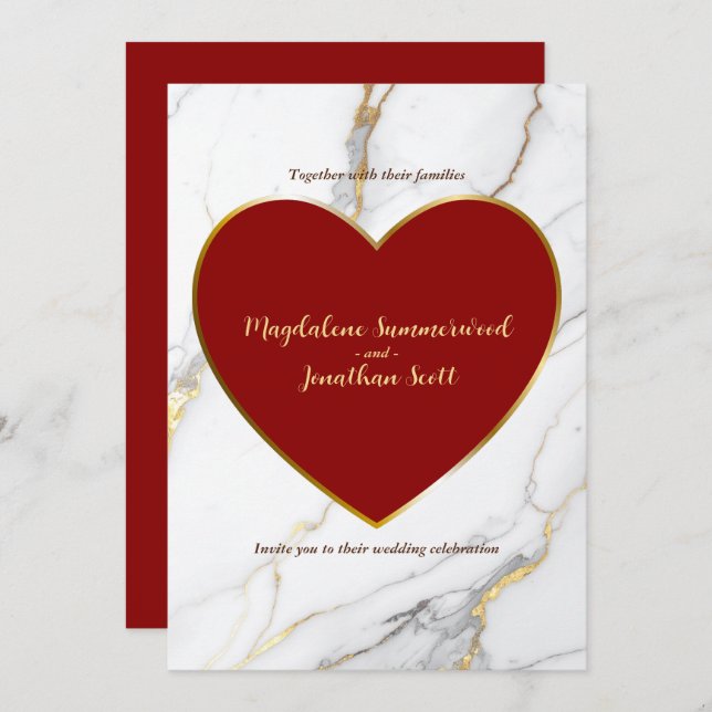 Modern Red Heart Marble and Gold Accent Wedding Invitation (Front/Back)