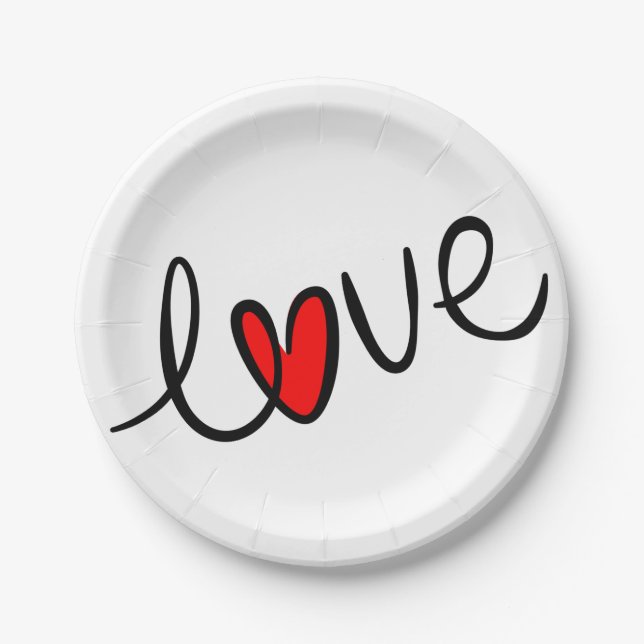 Modern Red Heart Typography Love Wedding Paper Plate (Front)