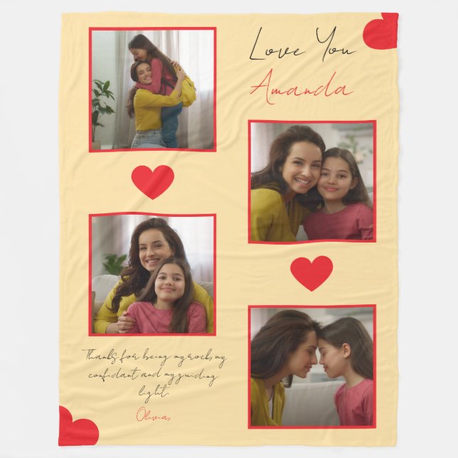 Modern Red Hearts Sibling Photo Collage Fleece Blanket (Front)