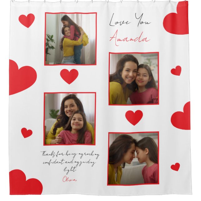 Modern Red Hearts Sibling Photo Collage Shower Curtain (Front)