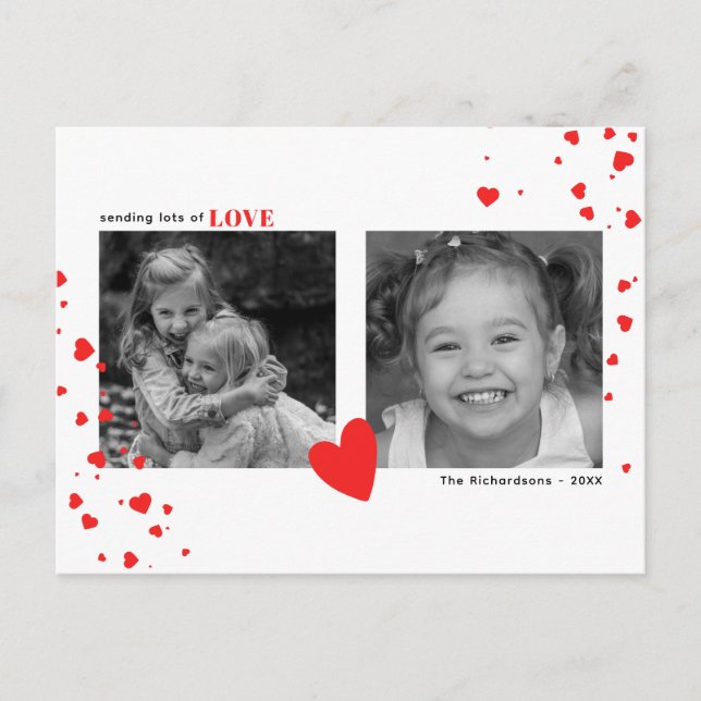 Modern Red Hearts Valentine's Day Custom Photo Holiday Postcard (Front)