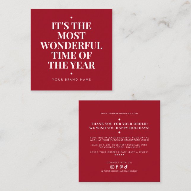 Modern red holiday business thank you  square business card (Front/Back)