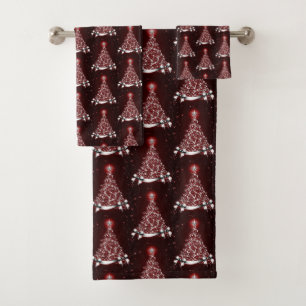 Modern Red Holiday Tree Motif Bath Towel Set