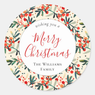 Modern Red Holly Berries Merry Christmas Classic Round Sticker