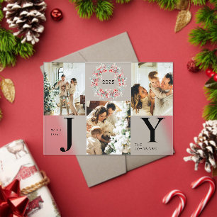 Modern Red Holly Berries Photo Joy Christmas Card Acrylic Invitations