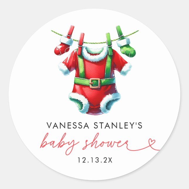 Modern Red Holly Christmas Santa Baby Shower Classic Round Sticker (Front)