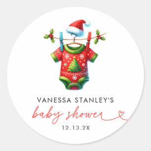 Modern Red Holly Christmas Santa Baby Shower Classic Round Sticker