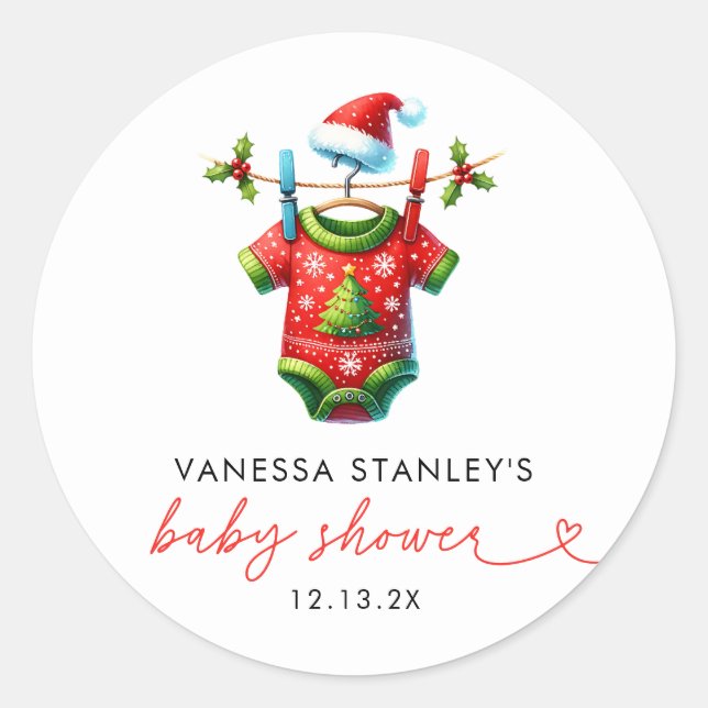 Modern Red Holly Christmas Santa Baby Shower Classic Round Sticker (Front)