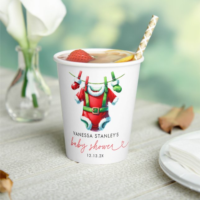 Modern Red Holly Christmas Santa Baby Shower Paper Cups (Insitu)