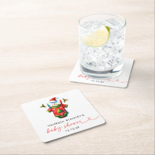 Modern Red Holly Christmas Santa Baby Shower Square Paper Coaster