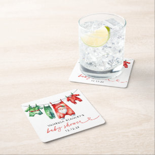 Modern Red Holly Christmas Santa Baby Shower Square Paper Coaster