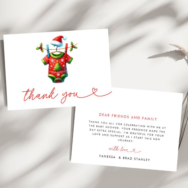 Modern Red Holly Christmas Santa Baby Shower Thank You Card (Creator Uploaded)