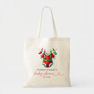 Modern Red Holly Christmas Santa Baby Shower Tote Bag