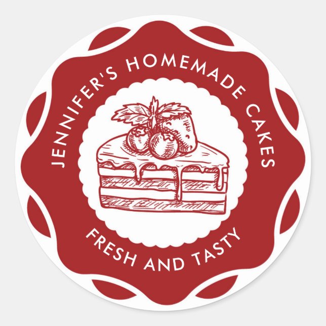 Modern Red Homemade Cakes Bakery Classic Round Sticker (Front)