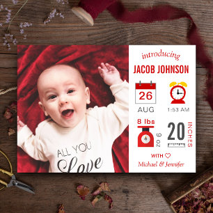 Modern Red Infographic Photo Birth Announcement