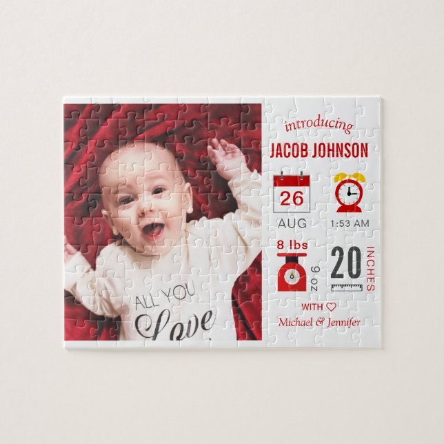 Modern Red Infographic Photo Birth Announcement Jigsaw Puzzle (Horizontal)