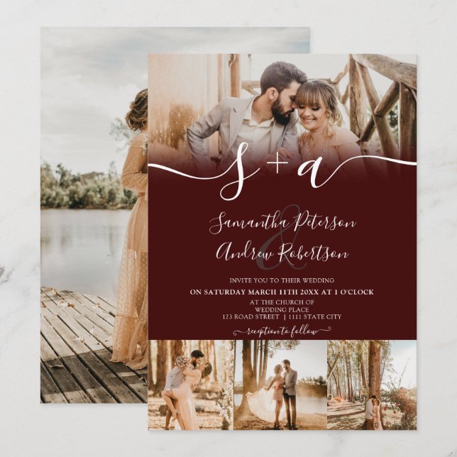 Modern red initials script 5 photos wedding invitation (Front/Back)