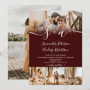 Modern red initials script 5 photos wedding invitation