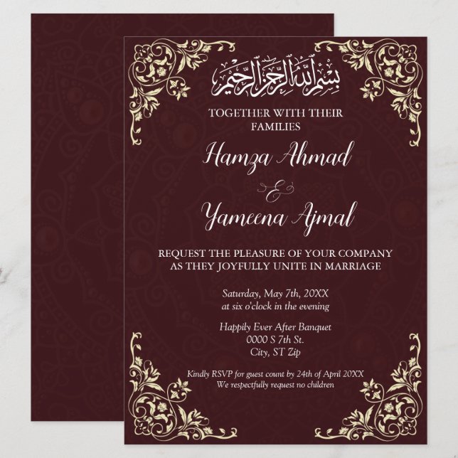 Modern Red Islamic Muslim Wedding Invitation (Front/Back)