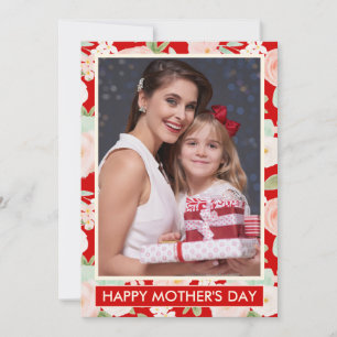 Modern Red Ivory Floral Photo Mother's Day Card