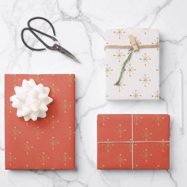 Modern Red Ivory | Gold Snowflake Christmas  Wrapping Paper Sheet (Front)