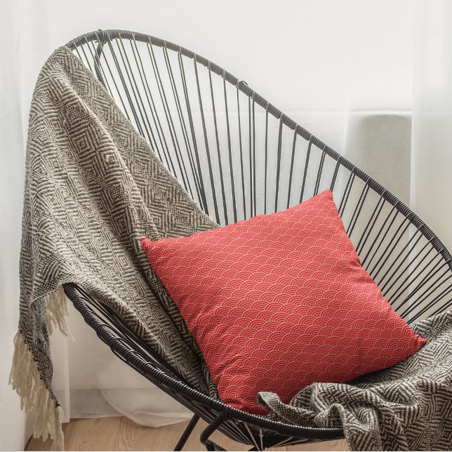 Modern Red Japanese Wave Geometric Pattern Cushion (Creator Uploaded)