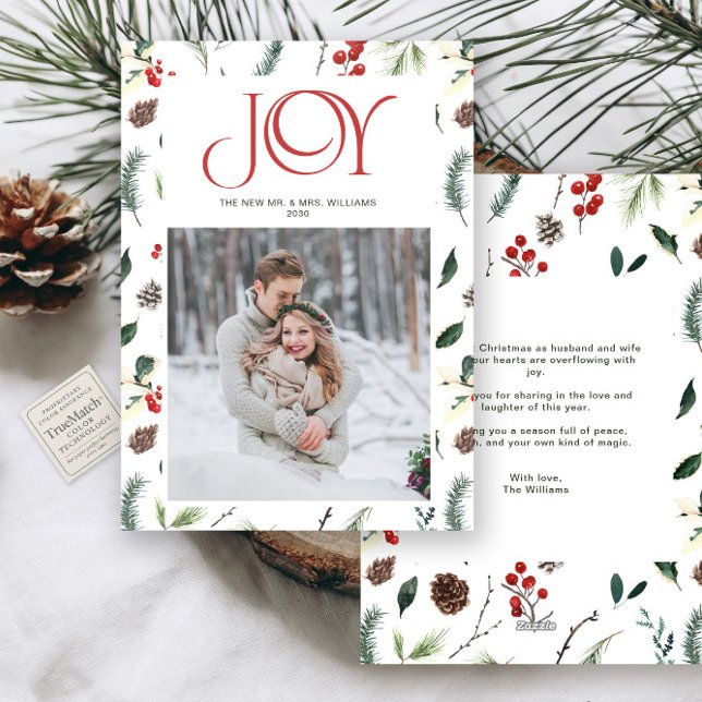 Modern Red Joy Berry Botanical Photo Mr & Mrs Holiday Card (Creator Uploaded)