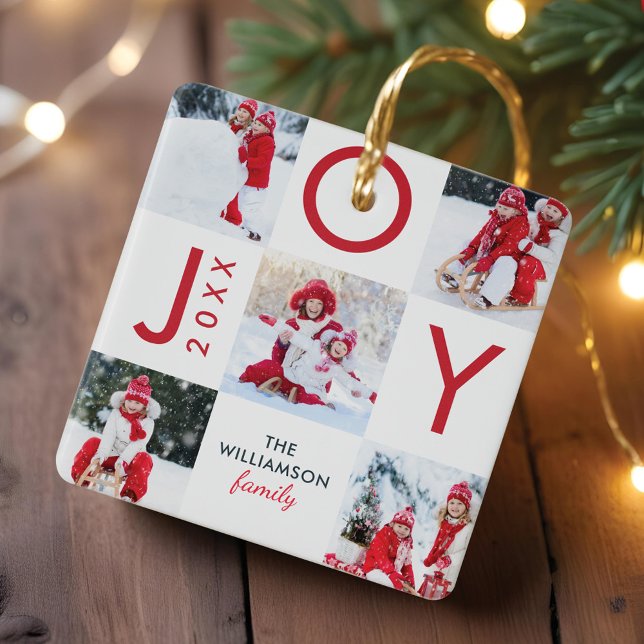Modern Red Joy Chequerboard Family Photo Collage Ceramic Ornament (Modern Red Joy Checkerboard Family Photo Collage Ceramic Ornament)