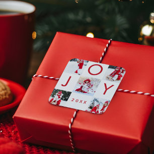 Modern Red Joy Chequerboard Family Photo Collage Square Sticker