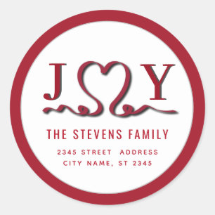 Modern red JOY ribbon heart Classic Round Sticker
