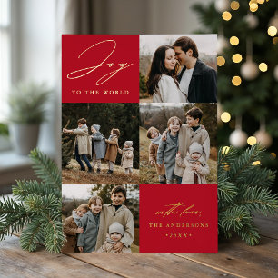 Modern Red Joy to the World 5 Photo Foil Holiday Card