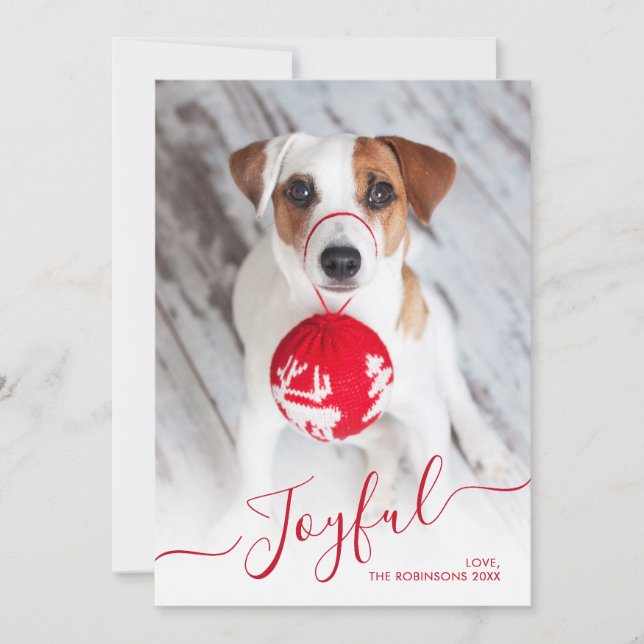 Modern Red Joyful Script 2 Photo Christmas Holiday Card (Front)