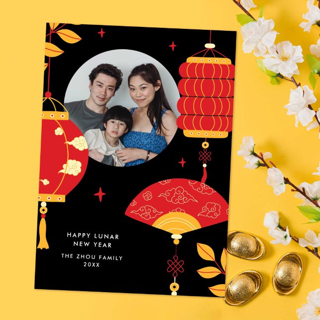 Modern Red Lanterns Lunar Chinese New Year Photo Holiday Card (modern red lanterns Chinese/Lunar New Year photo card with black background)