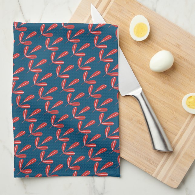 Modern Red Leaves on Blue   Tea Towel (Quarter Fold)