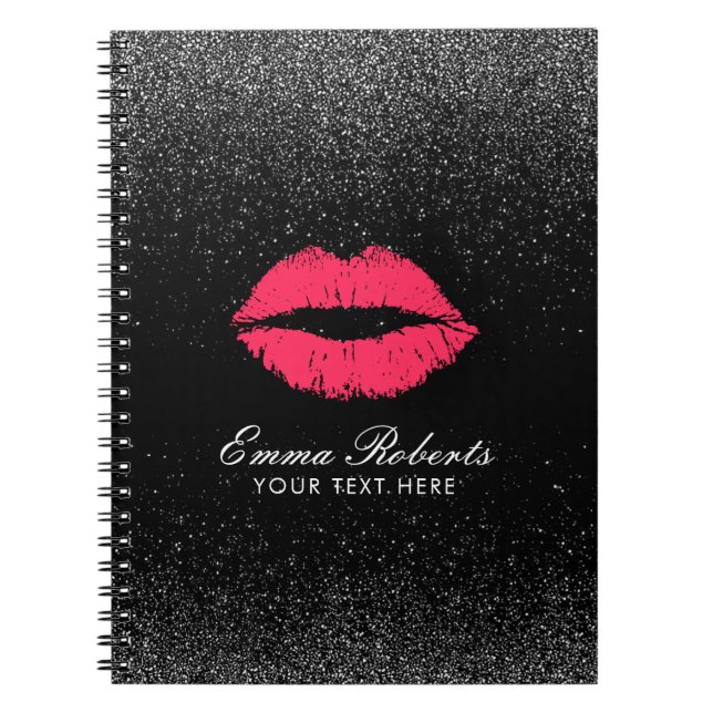 Modern Red Lips Trendy Black Glitter Elegant Notebook (Front)
