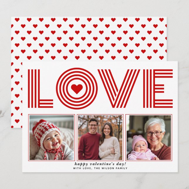 Modern red LOVE Valentines Day heart photo Holiday Card (Front/Back)