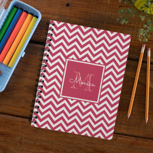 Modern Red Magenta Chevron Pattern Monogram Notebook