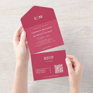 Modern Red Magenta Monogram QR Code RSVP  Wedding All In One Invitation