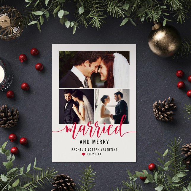 Modern Red Married and Merry Wedding Photo Collage Holiday Card (Creator Uploaded)