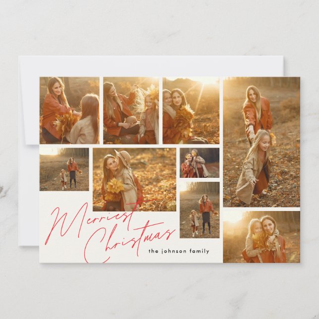 Modern Red Merriest 9 Multi Collage Photo Holiday Card (Front)