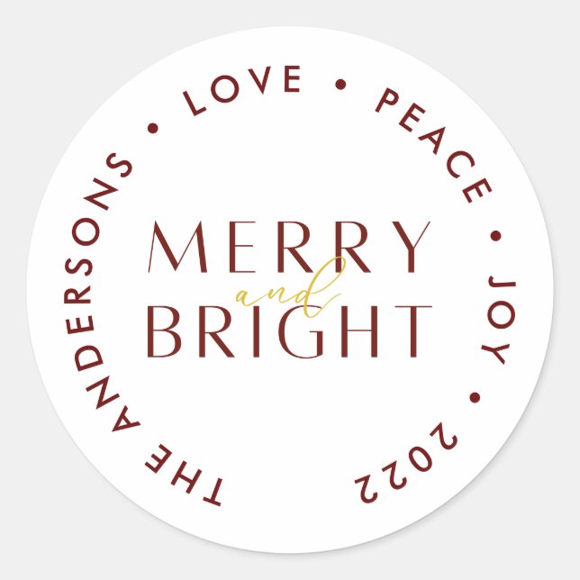 Modern Red Merry and Bright Christmas Family Classic Round Sticker (Front)