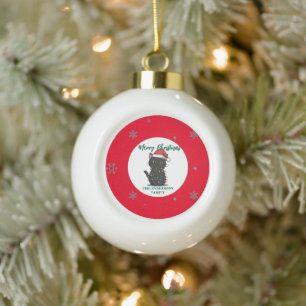 modern red merry cat snowflake christmas kitten Ca Ceramic Ball Christmas Ornament