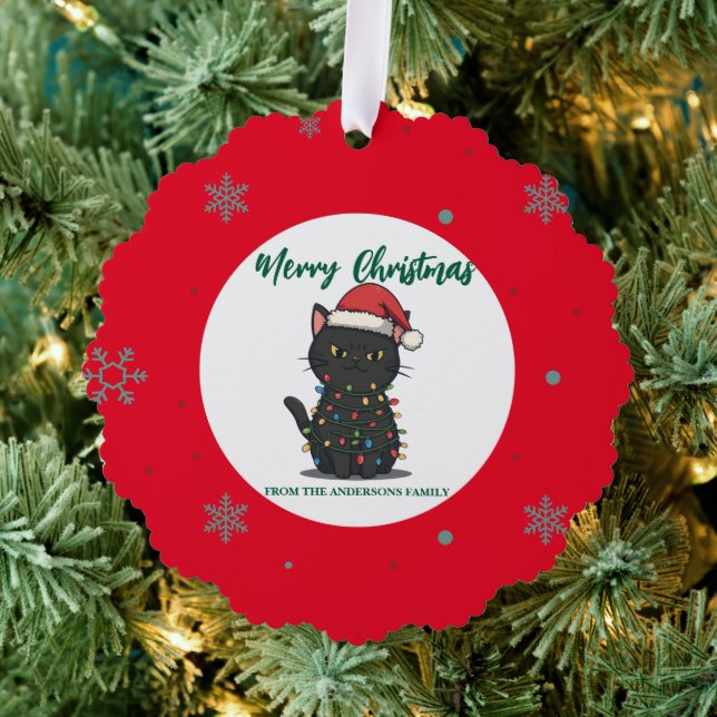 modern red merry cat snowflake christmas kitten Ca Tree Decoration Card (Insitu (Tree))