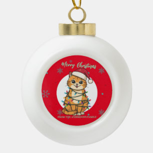 Modern red merry cat snowflake Christmas kitten Ceramic Ball Christmas Ornament