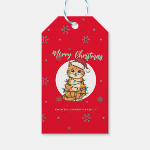 Modern red merry cat snowflake Christmas kitten Gift Tags