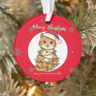 Modern red merry cat snowflake Christmas kitten Ornament